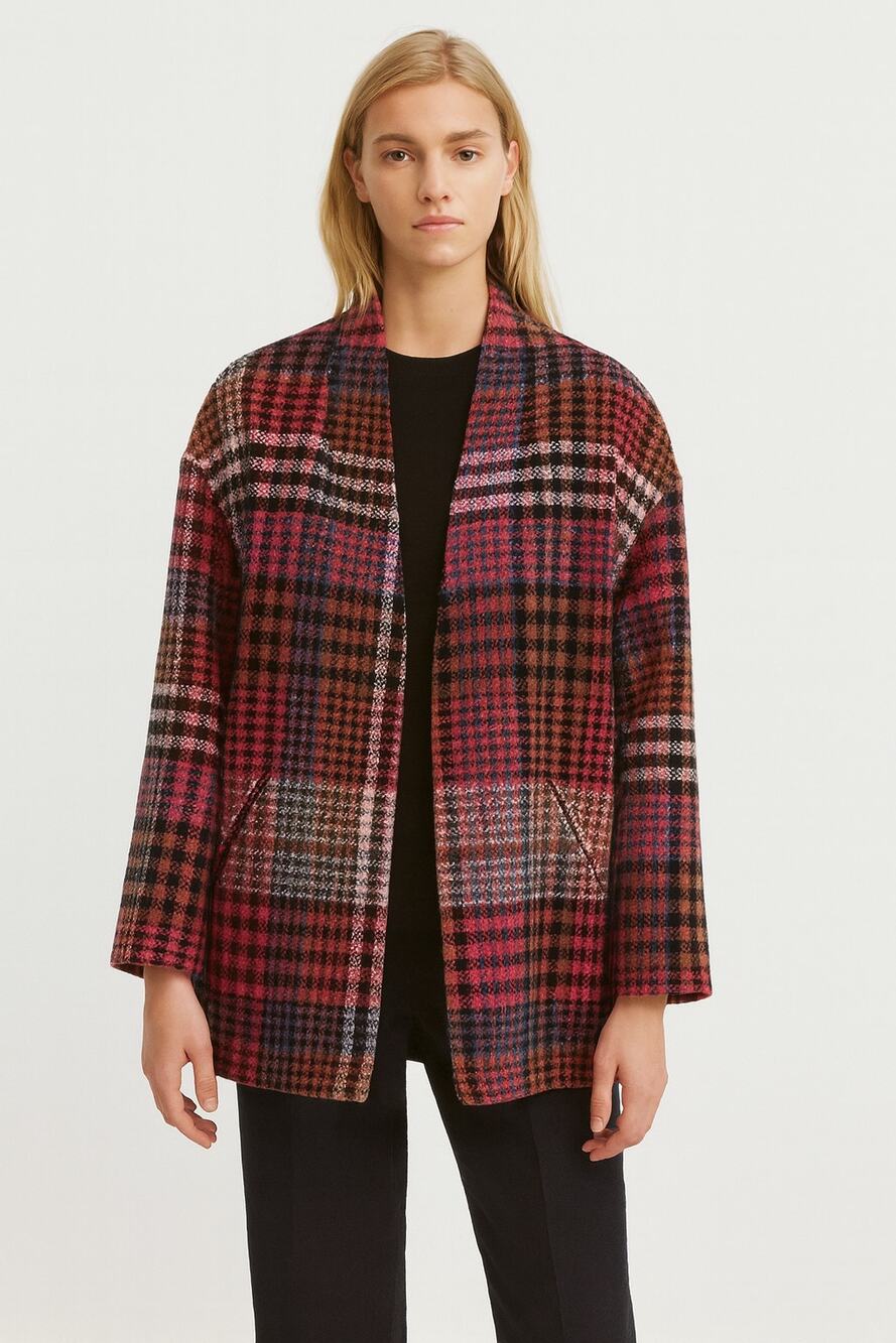 Rachel Zoe Plaid Tweed Wool Blend Coat‎ Pink Check Longline Jacket Size M